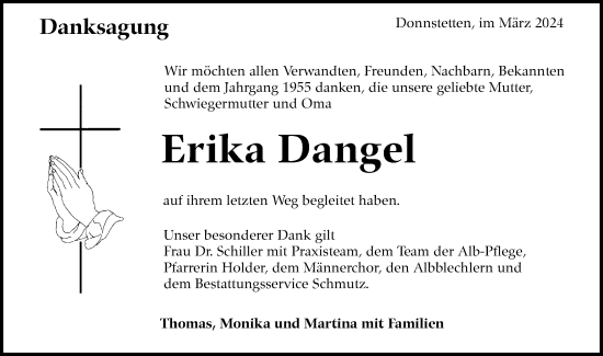 Traueranzeige von Erika Dangel von Alb-Bote/Metzinger-Uracher Volksblatt