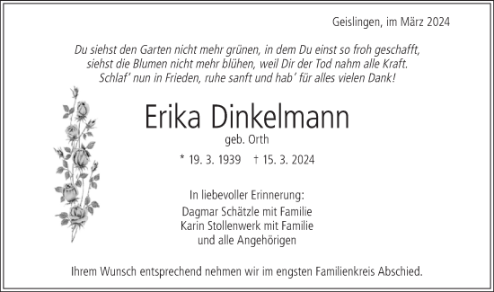 Traueranzeige von Erika Dinkelmann von Geislinger Zeitung