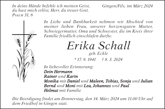 Traueranzeige von Erika Schall von Geislinger Zeitung