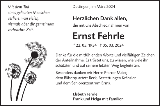 Traueranzeige von Ernst Fehrle von Alb-Bote/Metzinger-Uracher Volksblatt