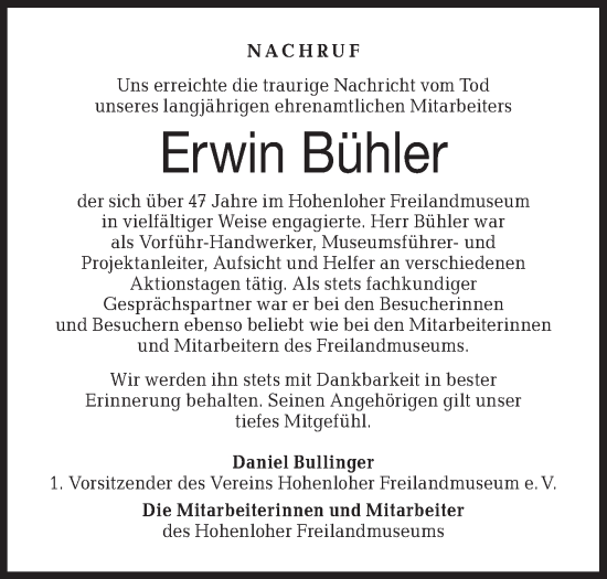 Traueranzeige von Erwin Bühler von Haller Tagblatt/Haller Tagblatt