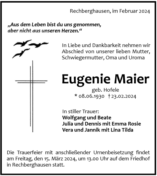 Traueranzeige von Eugenie Maier von NWZ Neue Württembergische Zeitung