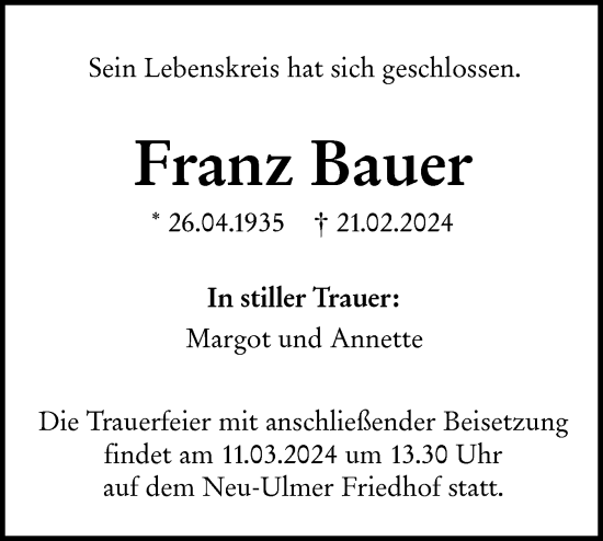 Traueranzeige von Franz Bauer von SÜDWEST PRESSE Ausgabe Ulm/Neu-Ulm