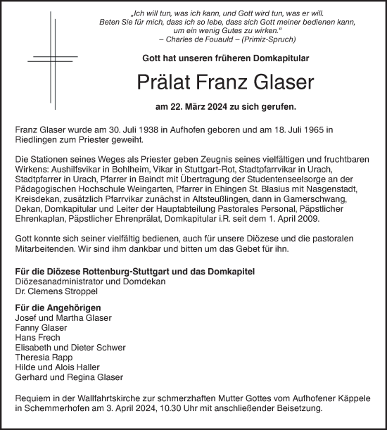 Traueranzeige von Franz Glaser von SÜDWEST PRESSE Ausgabe Ulm/Neu-Ulm/SÜDWEST PRESSE Ausgabe Ulm/Neu-Ulm