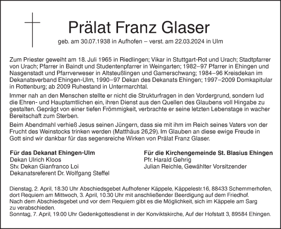 Traueranzeige von Franz Glaser von SÜDWEST PRESSE Ausgabe Ulm/Neu-Ulm