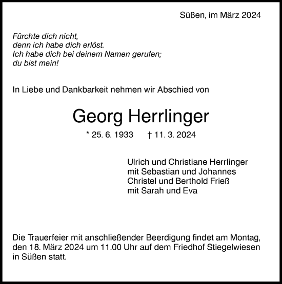 Traueranzeige von Georg Herrlinger von NWZ Neue Württembergische Zeitung