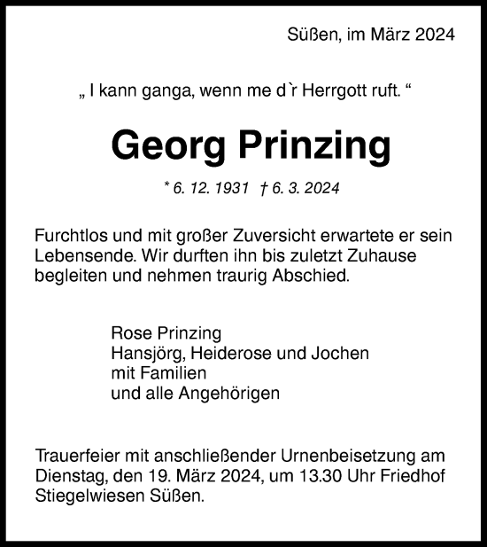 Traueranzeige von Georg Prinzing von NWZ Neue Württembergische Zeitung/Geislinger Zeitung