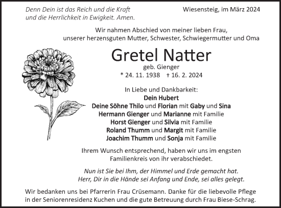 Traueranzeige von Gretel Natter von Geislinger Zeitung