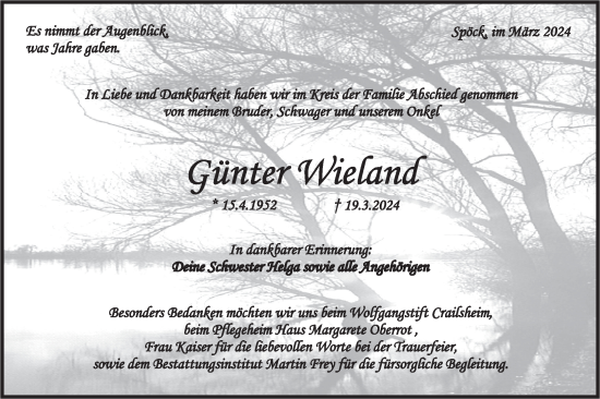 Traueranzeige von Günter Wieland von Rundschau Gaildorf