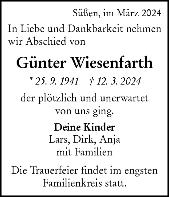 Traueranzeige von Günter Wiesenfarth von NWZ Neue Württembergische Zeitung/Geislinger Zeitung