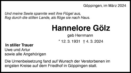 Traueranzeige von Hannelore Gölz von NWZ Neue Württembergische Zeitung