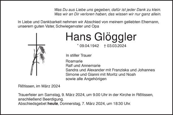 Traueranzeige von Hans Glöggler von Ehinger Tagblatt