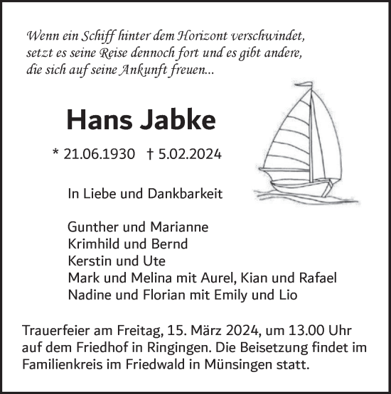 Traueranzeige von Hans Jabke von SÜDWEST PRESSE Ausgabe Ulm/Neu-Ulm