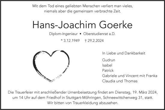 Traueranzeige von Hans-Joachim Goerke von Geislinger Zeitung