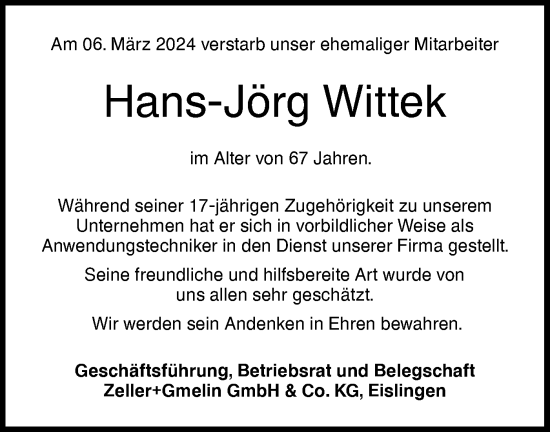 Traueranzeige von Hans-Jörg Wittek von NWZ Neue Württembergische Zeitung