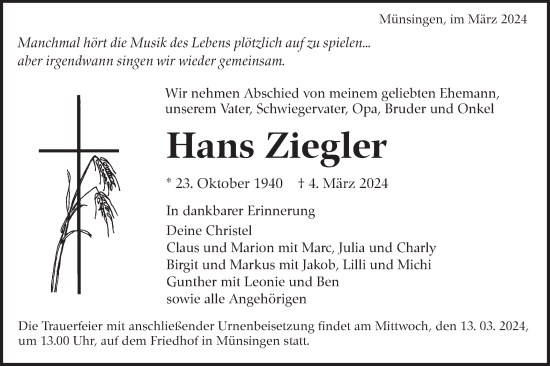 Traueranzeige von Hans Ziegler von Alb-Bote/Metzinger-Uracher Volksblatt