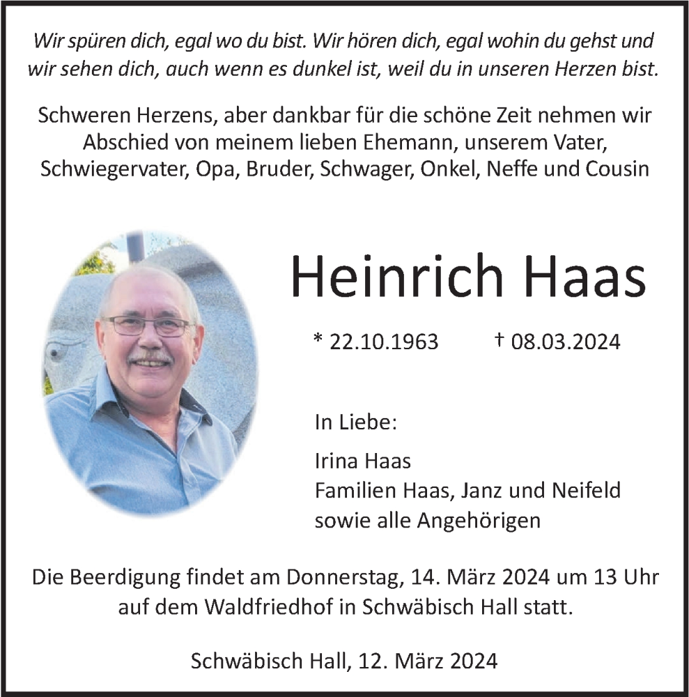  Traueranzeige für Heinrich Haas vom 12.03.2024 aus Haller Tagblatt