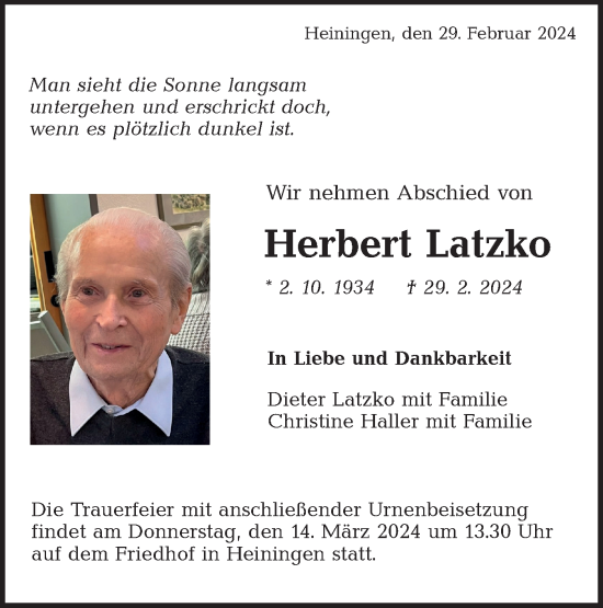 Traueranzeige von Herbert Latzko von NWZ Neue Württembergische Zeitung