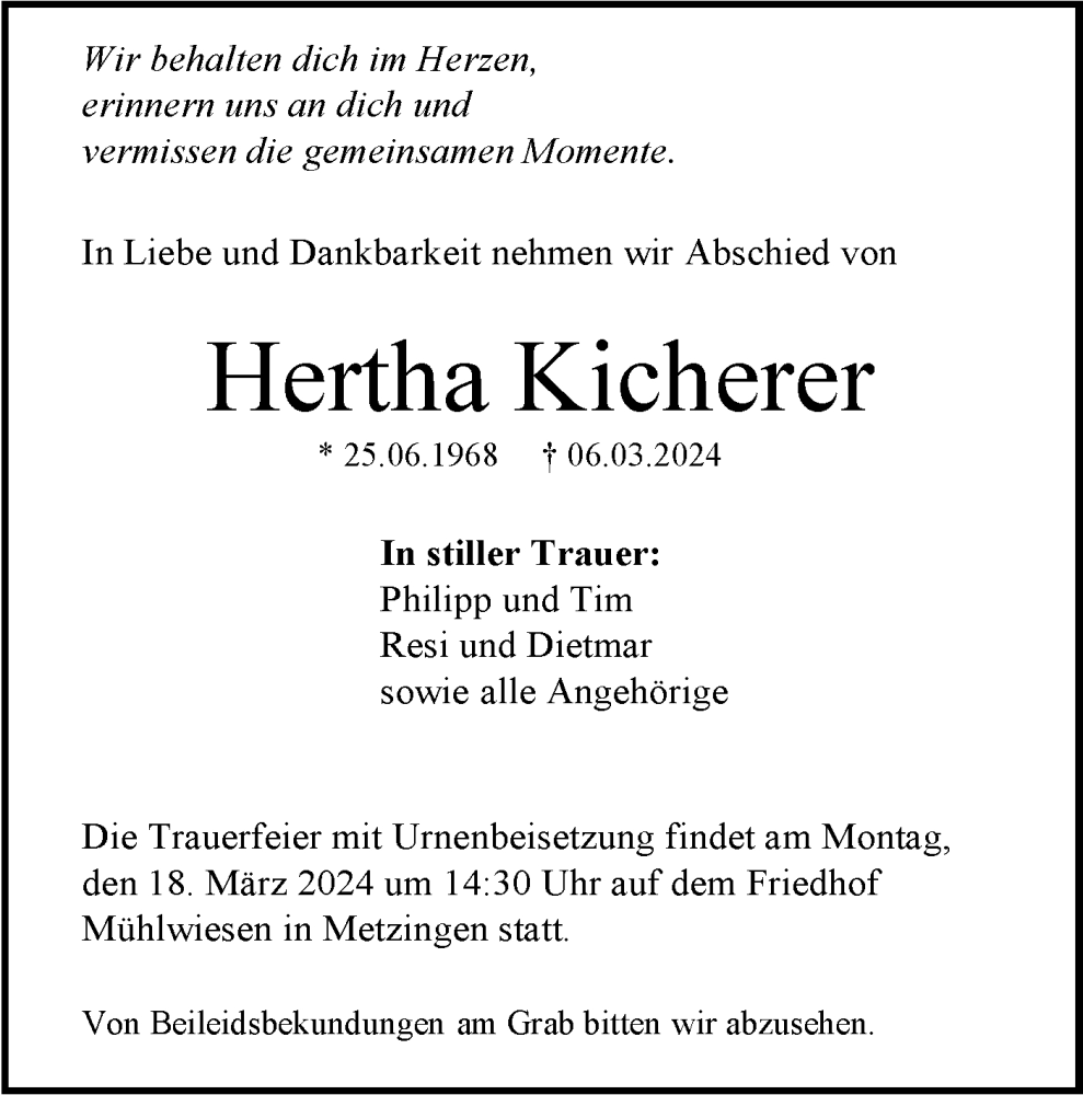  Traueranzeige für Hertha Kicherer vom 14.03.2024 aus SÜDWEST PRESSE/SÜDWEST PRESSE