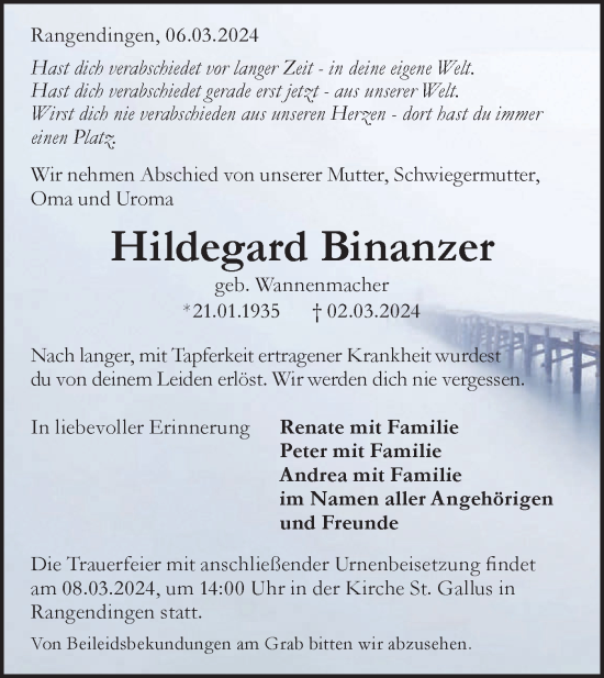 Traueranzeige von Hildegard Binanzer von Hohenzollerische Zeitung