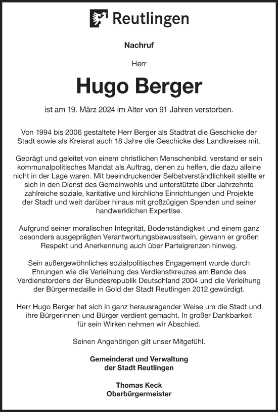 Traueranzeige von Hugo Berger von Alb-Bote/Metzinger-Uracher Volksblatt