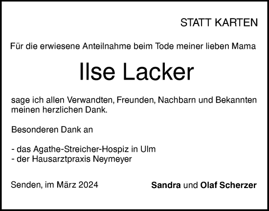 Traueranzeige von Ilse Lacker von SÜDWEST PRESSE Ausgabe Ulm/Neu-Ulm/Neu-Ulmer Zeitung