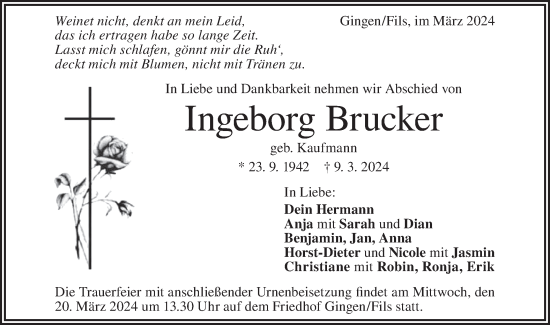 Traueranzeige von Ingeborg Brucker von Geislinger Zeitung