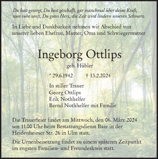 Traueranzeige von Ingeborg Ottlips von SÜDWEST PRESSE Ausgabe Ulm/Neu-Ulm