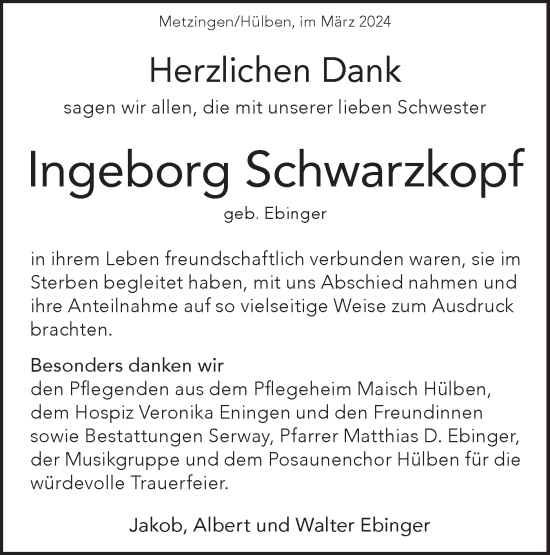 Traueranzeige von Ingeborg Schwarzkopf von SÜDWEST PRESSE/SÜDWEST PRESSE