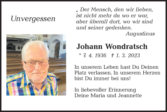 Traueranzeige von Johann Wondratsch von NWZ Neue Württembergische Zeitung