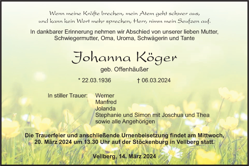  Traueranzeige für Johanna Köger vom 14.03.2024 aus Haller Tagblatt