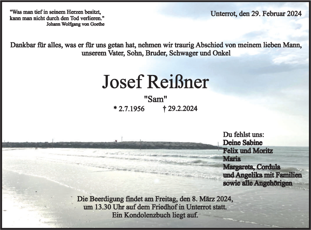  Traueranzeige für Josef Reißner vom 05.03.2024 aus Rundschau Gaildorf