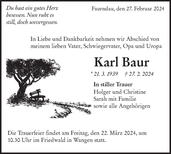 Traueranzeige von Karl Baur von NWZ Neue Württembergische Zeitung