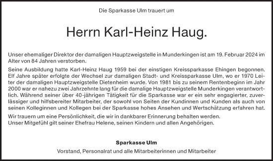 Traueranzeige von Karl-Heinz Haug von SÜDWEST PRESSE Ausgabe Ulm/Neu-Ulm