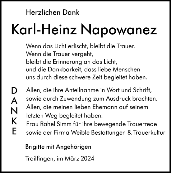 Traueranzeige von Karl-Heinz Napowanez von Alb-Bote/Metzinger-Uracher Volksblatt