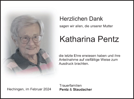 Traueranzeige von Katharina Pentz von Hohenzollerische Zeitung