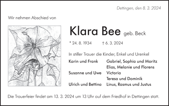 Traueranzeige von Klara Bee von SÜDWEST PRESSE/SÜDWEST PRESSE