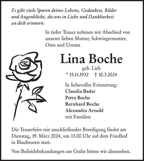 Traueranzeige von Lina Boche von SÜDWEST PRESSE Ausgabe Ulm/Neu-Ulm