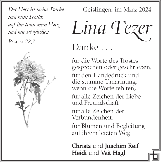 Traueranzeige von Lina Fezer von Geislinger Zeitung