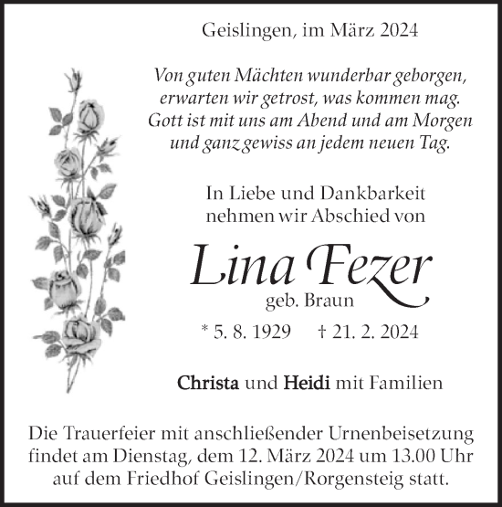 Traueranzeige von Lina Fezer von Geislinger Zeitung