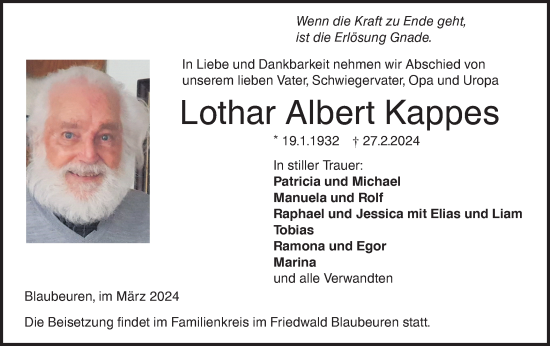 Traueranzeige von Lothar Albert Kappes von Das Blaumännle