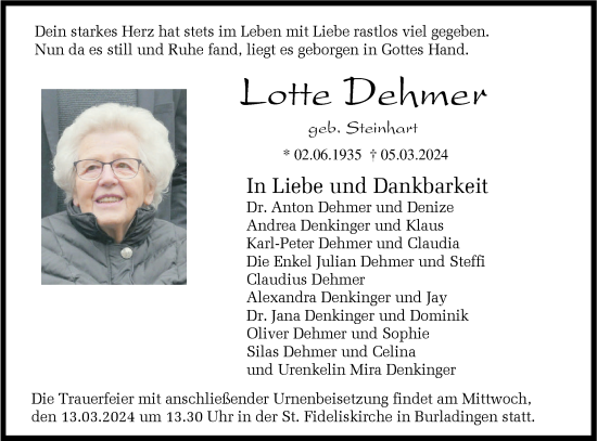 Traueranzeige von Lotte Dehmer von Hohenzollerische Zeitung