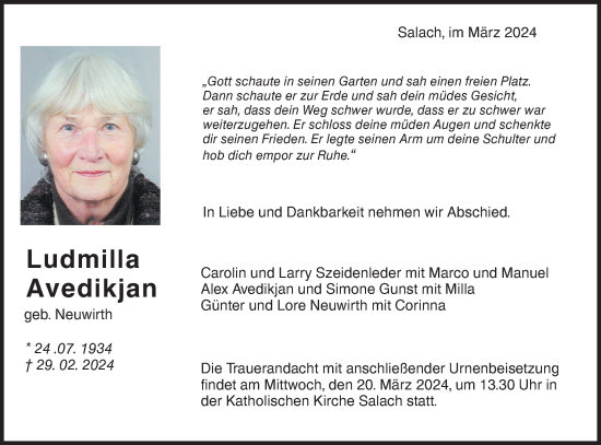 Traueranzeige von Ludmilla Avedikjan von NWZ Neue Württembergische Zeitung