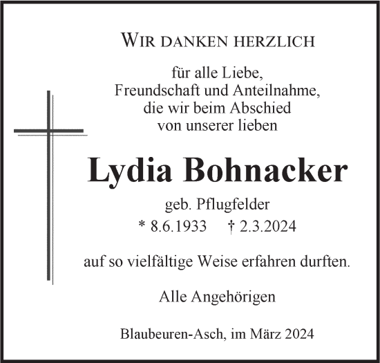 Traueranzeige von Lydia Bohnacker von SÜDWEST PRESSE Ausgabe Ulm/Neu-Ulm