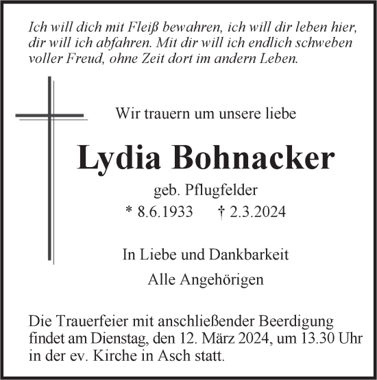 Traueranzeige von Lydia Bohnacker von SÜDWEST PRESSE Ausgabe Ulm/Neu-Ulm