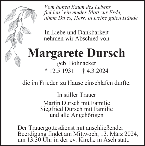 Traueranzeige von Margarete Dursch von SÜDWEST PRESSE Ausgabe Ulm/Neu-Ulm