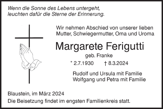 Traueranzeige von Margarete Ferigutti von SÜDWEST PRESSE Ausgabe Ulm/Neu-Ulm