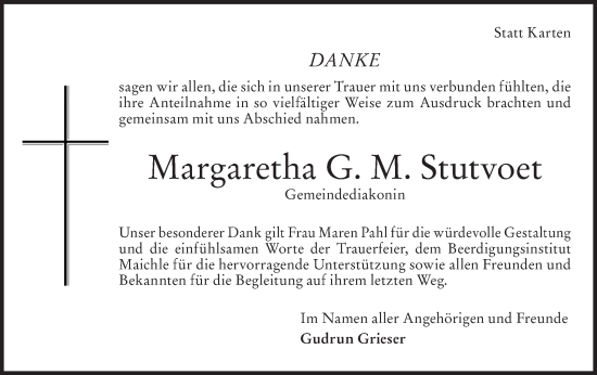 Traueranzeige von Margaretha G. M. Stutvoet von Geislinger Zeitung