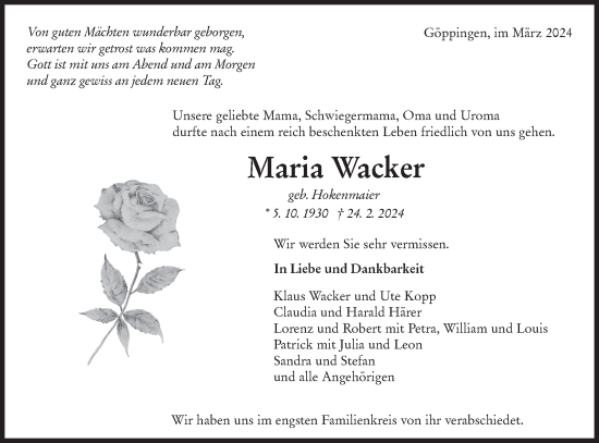 Traueranzeige von Maria Wacker von NWZ Neue Württembergische Zeitung