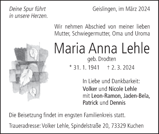 Traueranzeige von Maria Anna Lehle von Geislinger Zeitung